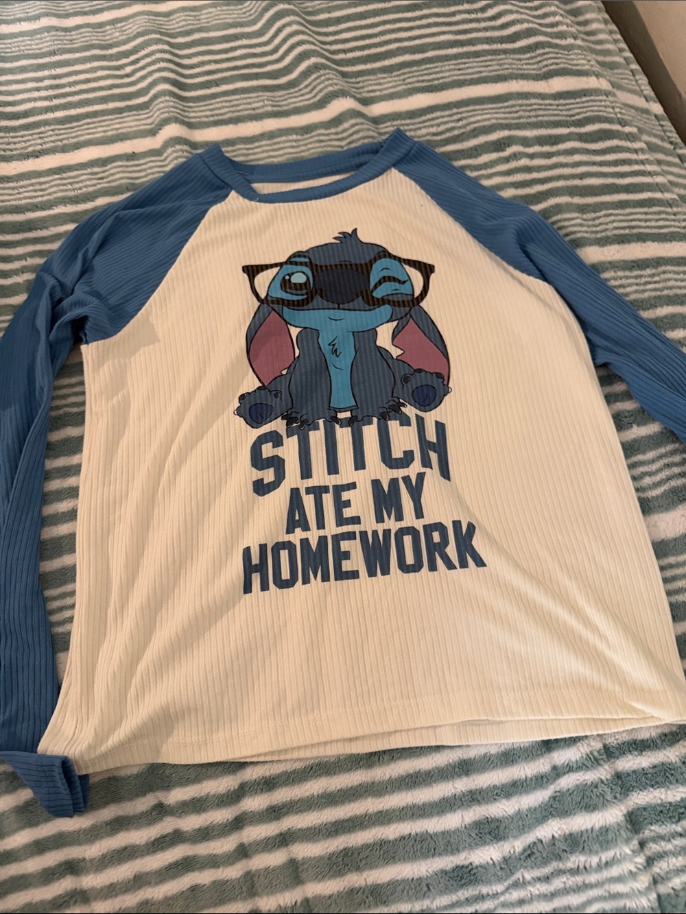 Kids Stitch 'Stitch Ate My Homework' Raglan Top - Blue & White